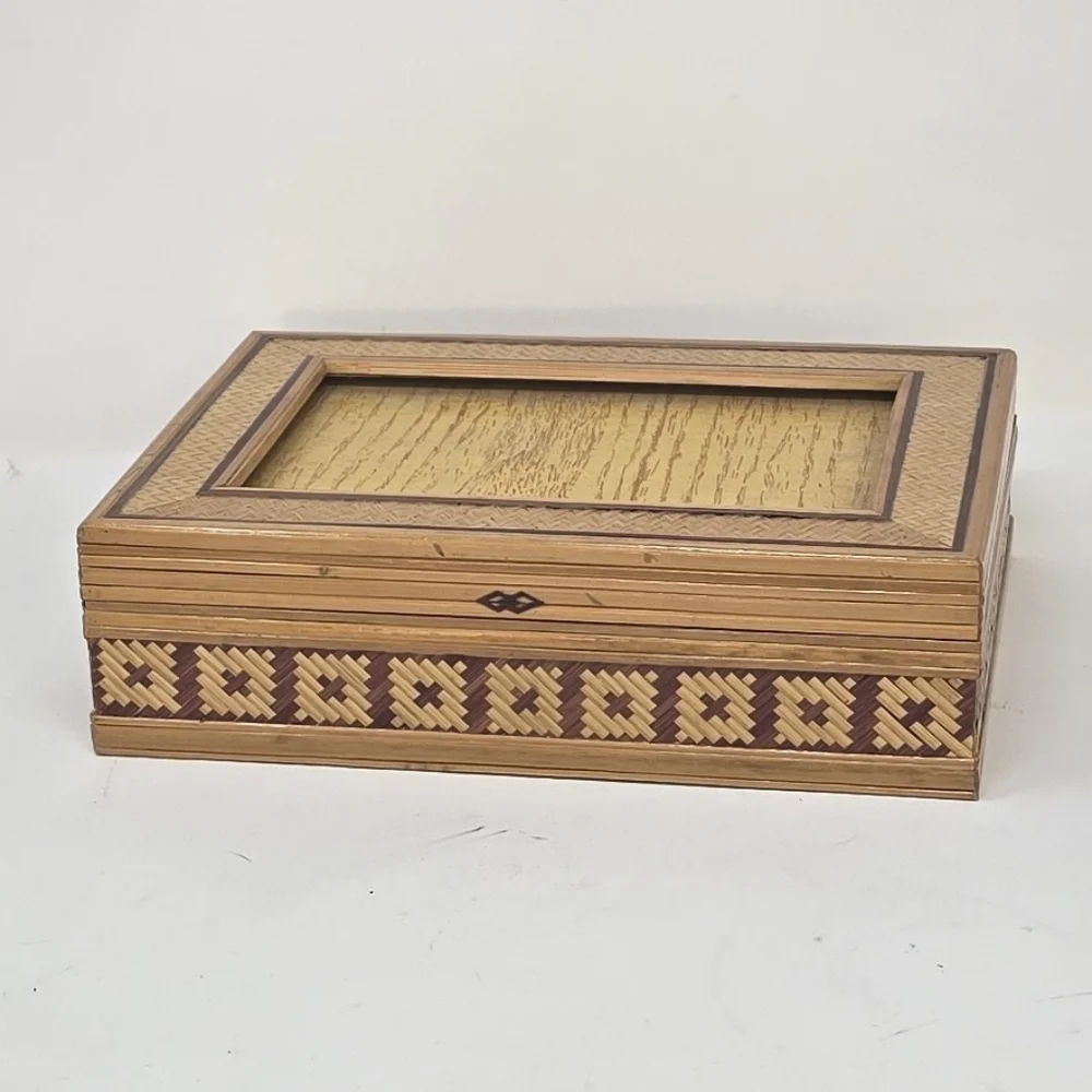 Vintage straw bamboo marquetry trinket jewelry box‎ red lining photo slot
